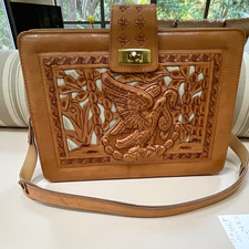 Tan Tooled Stamped Embossed Floral Aztec Shoulder Bag Turn Lock Gold Hardware