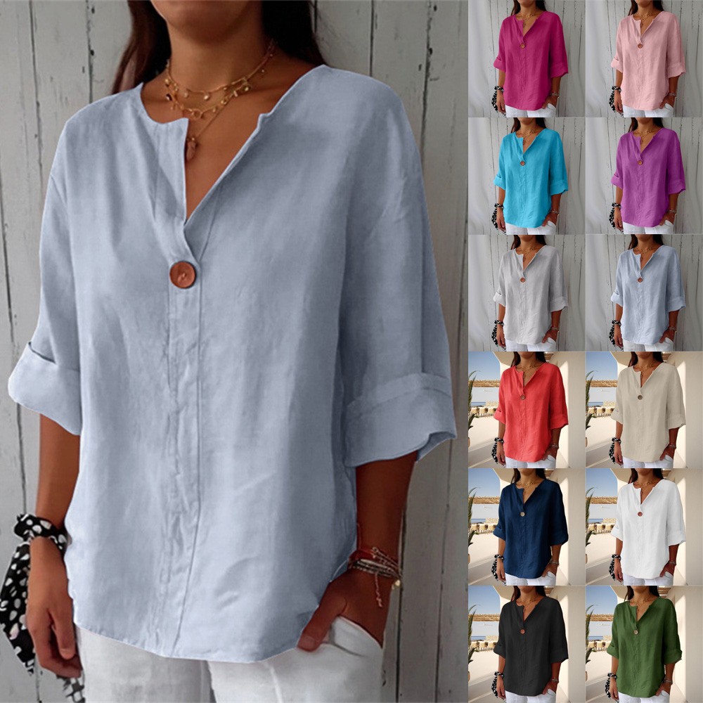 Womens 3/4 Sleeve Linen Cotton V-Neck Tops Pullover Tee Shirts Loose Blouse SIZE