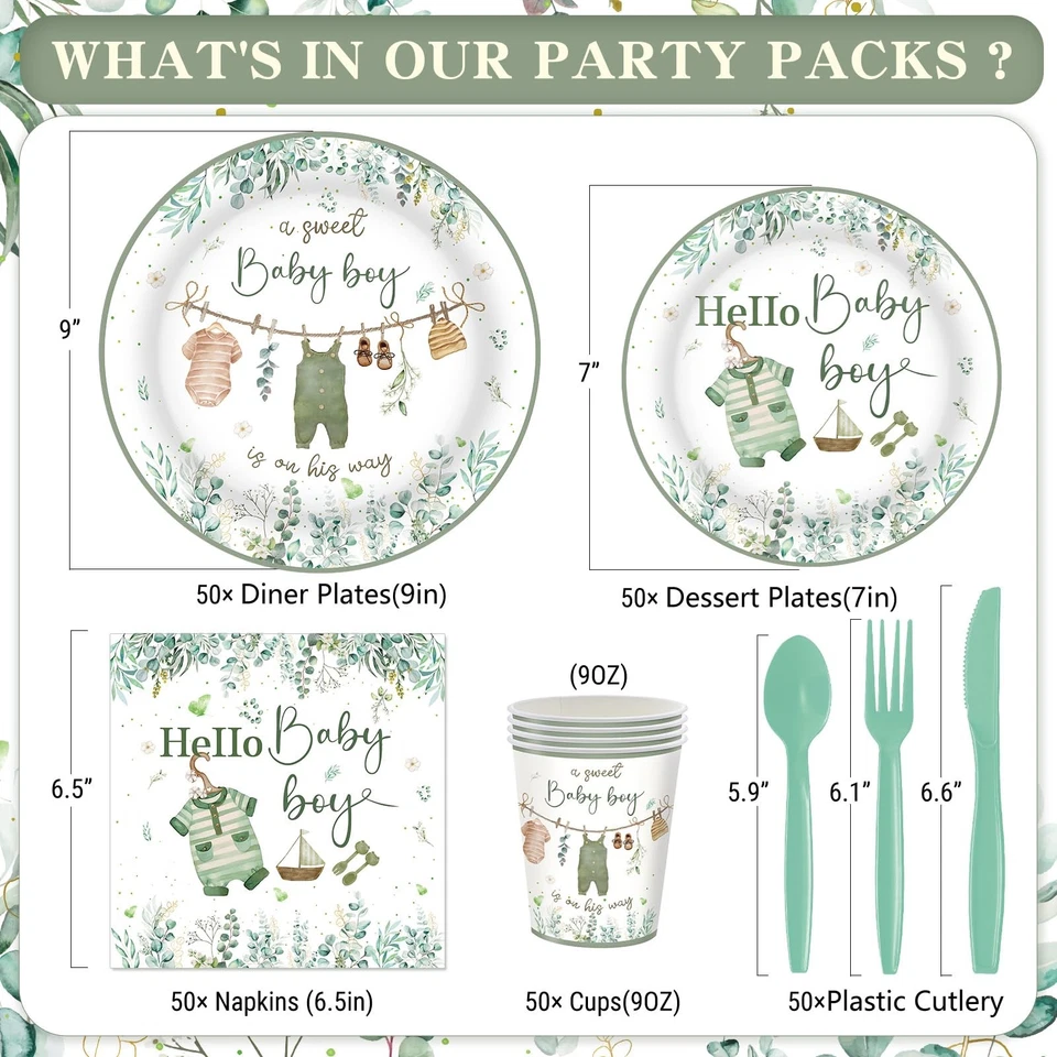 350 piezas decoraciones verdes para baby shower para 50 invitados incluyen papel desechable... Foto 3 de 4