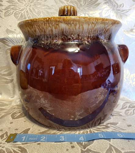 Vintage Hull Pottery Brown Drip Glaze Bean Pot With Lid Crock Baking Oven 1960s