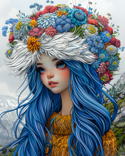 8x10 Cozy Storybook Woman Blue Hair Flowers in Her Hair Art Print - 748593598