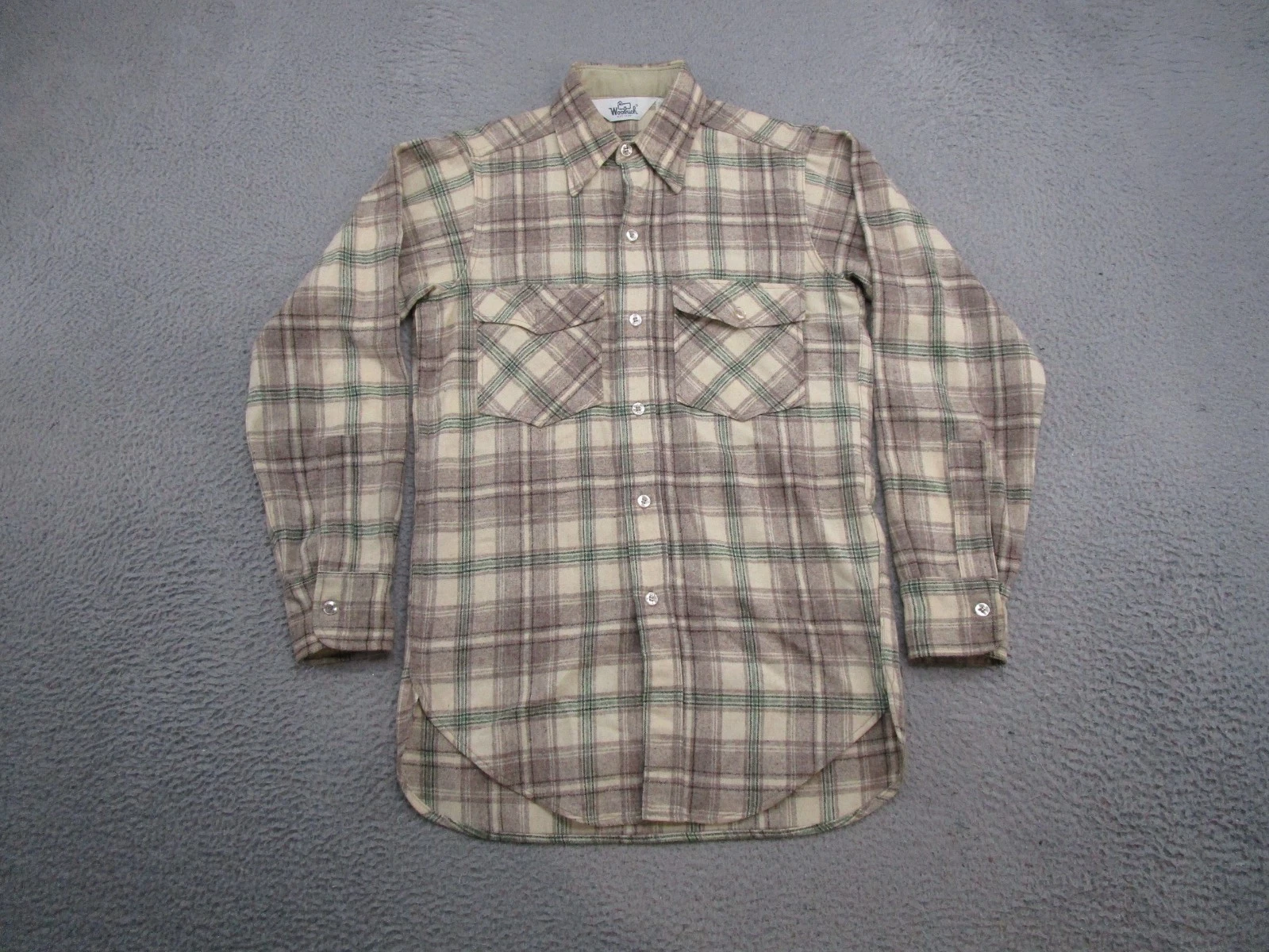 Vintage 70s Woolrich Wool Flannel Plaid Button Up Shirt Mens Size S USA Made