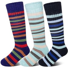 Kids Merino Wool Ski Socks 3 Pairs Boys Girls Thermal 4-7 Years Blue Stripe