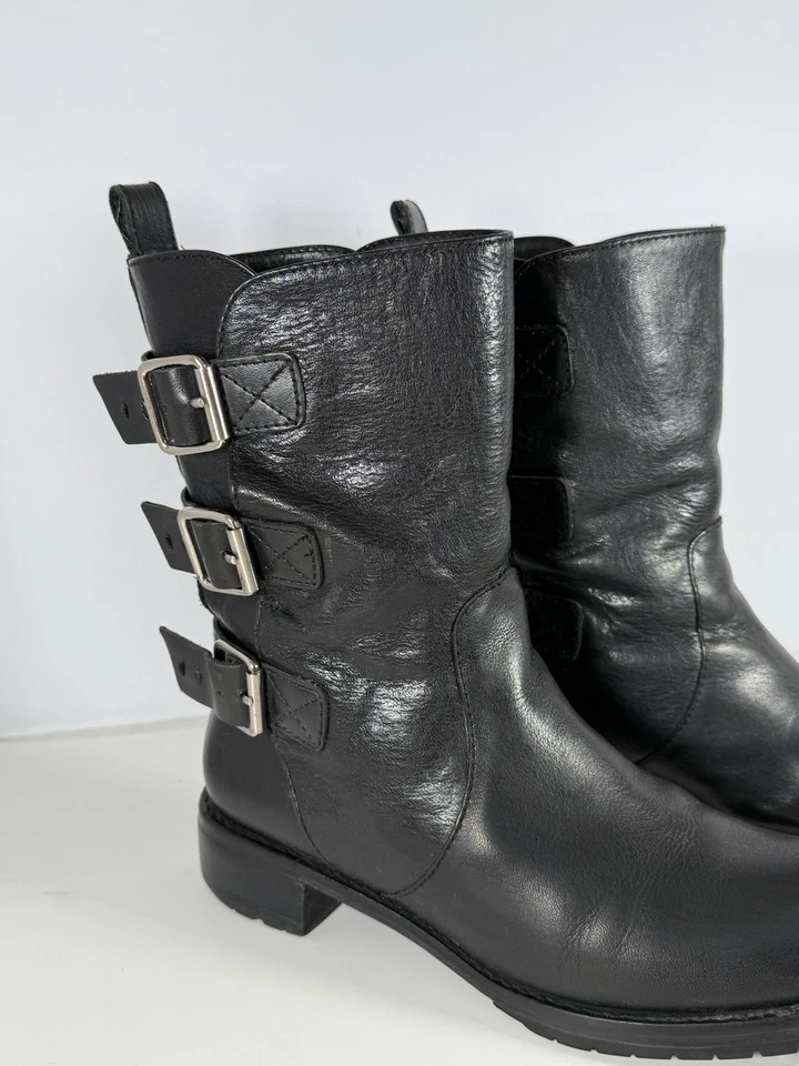 Donna Karan NY Bota Negra Medio Pantorrilla Cuero Motocicleta 3 Hebillas Rara con -Talla 8.5 Foto 2 de 4