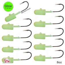 10pcs Fish WOW! Fishing 8oz Bullet Jig Head w/ 10/0 MUSTAD Hook Glow in the Dark