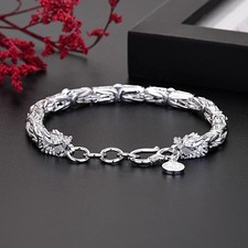 925 Sterling Silver 8mm Men's Chain Bracelet Classic Hiphop Dual Dragon Jewelry