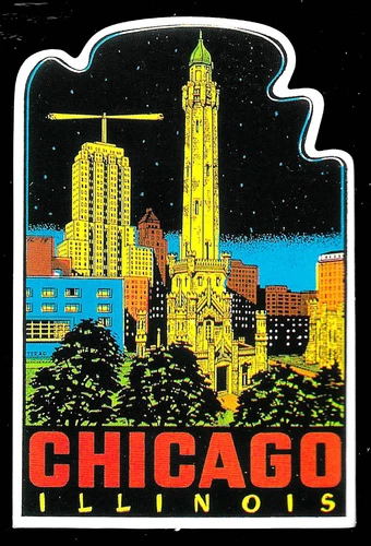 1950s VINTAGE CAR WINDOW TRAVEL STICKER CHICAGO ILLINOIS WINDY CITY MICHIGAN AVE
