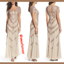 NEW Adrianna Papell Floral Beaded Mesh Mermaid Gown in Biscotti SZ 8 M837