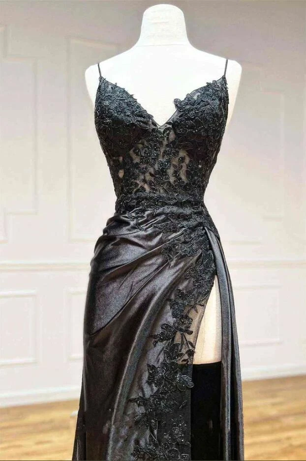Black Wedding Dresses Spaghetti Straps Sexy Side Split Mermaid Bridal Gowns - Image 2 of 4