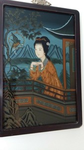 Chinese Reverse glass painting picture of chinese lady in original frame