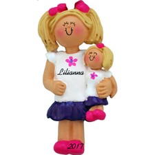 Personalized Christmas Ornament - Blonde Female Girl Holding Her Doll