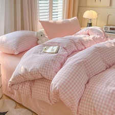 Gingham Duvet Cover Queen Size Pink White Plaid Checkered Comforter Cover 3 Pcs