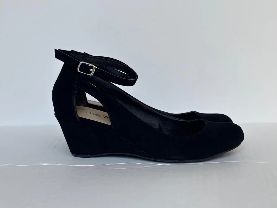 Me Too Morgan黑色麂皮绒楔形高跟鞋女式7.5米踝带舒适鞋 — 第 4/4 张图片