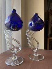 PAAR 25 CM GROSSE BLAUE DUISKE IRISCHE HANDGEFERTIGTE GLAS ÖLBRENNER ~ TOP ZUSTAND