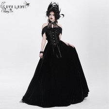 Eva Lady Black Women Gothic Vintage Lace Spliced Velvet Halter Long Party Dress