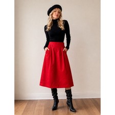 Vintage 70s Style Red High Waist Pleated A-Line Skirt Union Made Size S/M