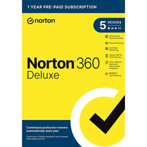 NORTON 360 DELUXE 2025 ANTIVIRUS INTERNET SECURITY 5 DEVICES 1 YEAR PREPAID .