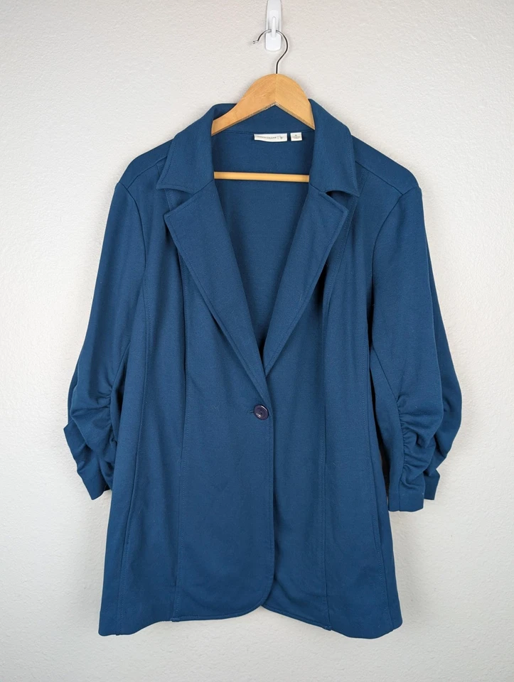 Blazer Susan Graver para mujer 1X azul manga acanalada tejido elástico frente abierto chaqueta Foto 2 de 4