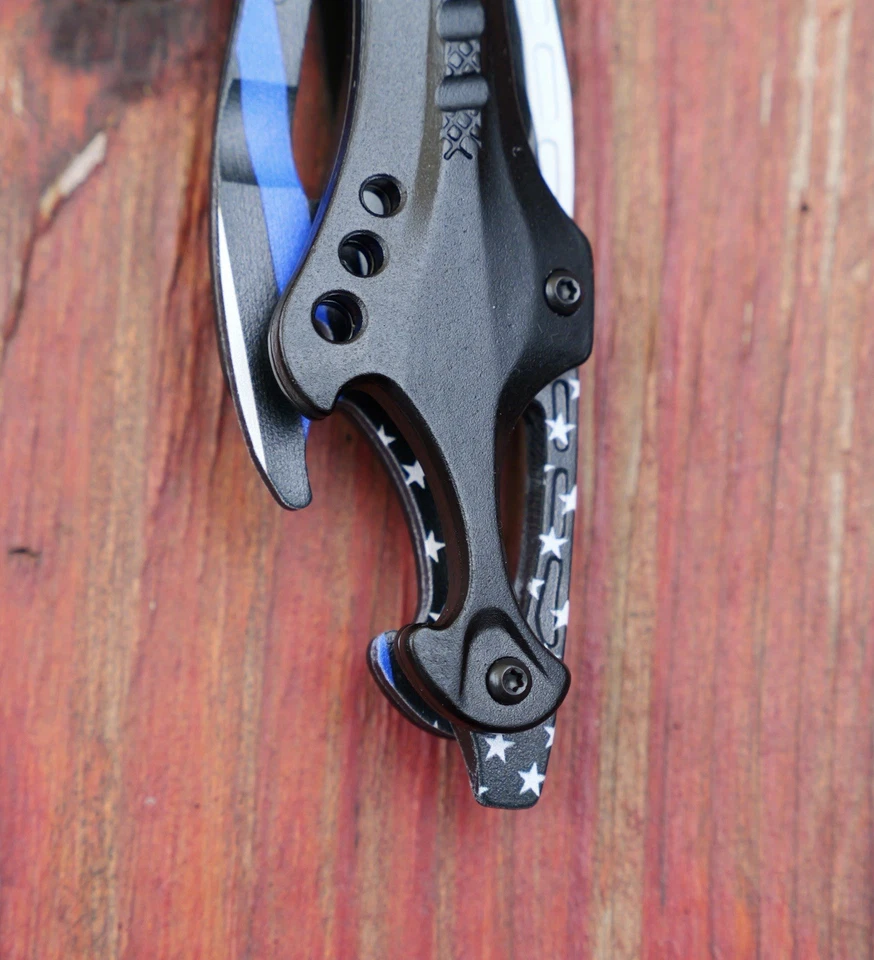 Navaja de Bolsillo Tamaño Completo Asistencia de Resorte Policía Volver La Línea Azul Delgada Bandera de Estados Unidos Foto 4 de 4