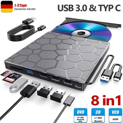 8 in 1 USB 3.0 Externes CD/DVD Laufwerk Brenner Player mit Type C für Laptop PC