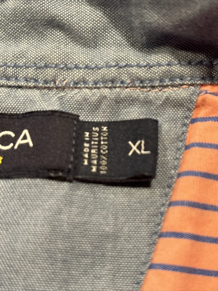 Nautica Shirt Mens XL Button Down Long Sleeve Logo Orange Navy Stripe Auburn - Image 4 of 4