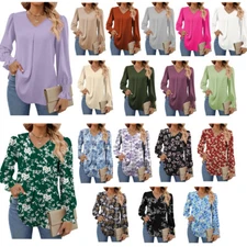 Women's Long Sleeve Tops Dressy Casual V Neck Tunic Shirts Loose Chiffon Blouse