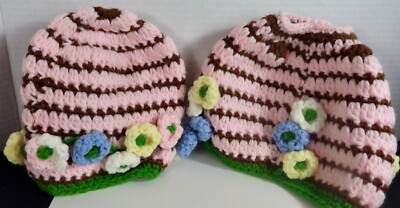 Pair of Handmade Crochet Baby Girl Hats Open Top Closed Top Hat