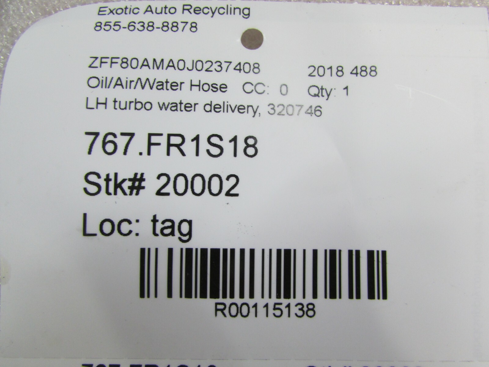 Ferrari 488, LH, Left Turbo Water Delivery Hose, Used, P/N 320746