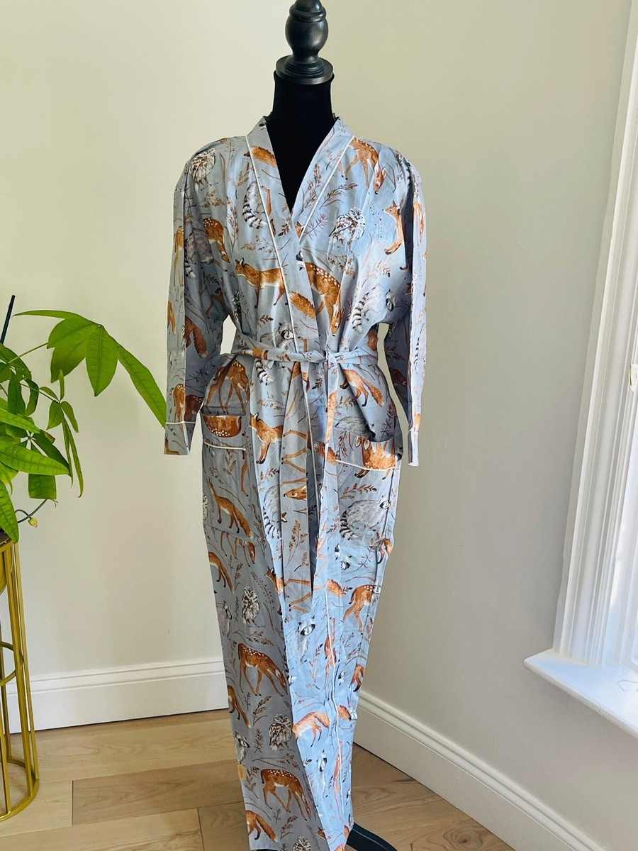 Indian Beige Cotton Animal Printed Kimono Bath Robes Night Maxi Gown Kimono  Rob | eBay