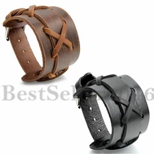Punk Men Wide Black Brown Genuine Leather X Cross Cuff Bangle Wristband Bracelet