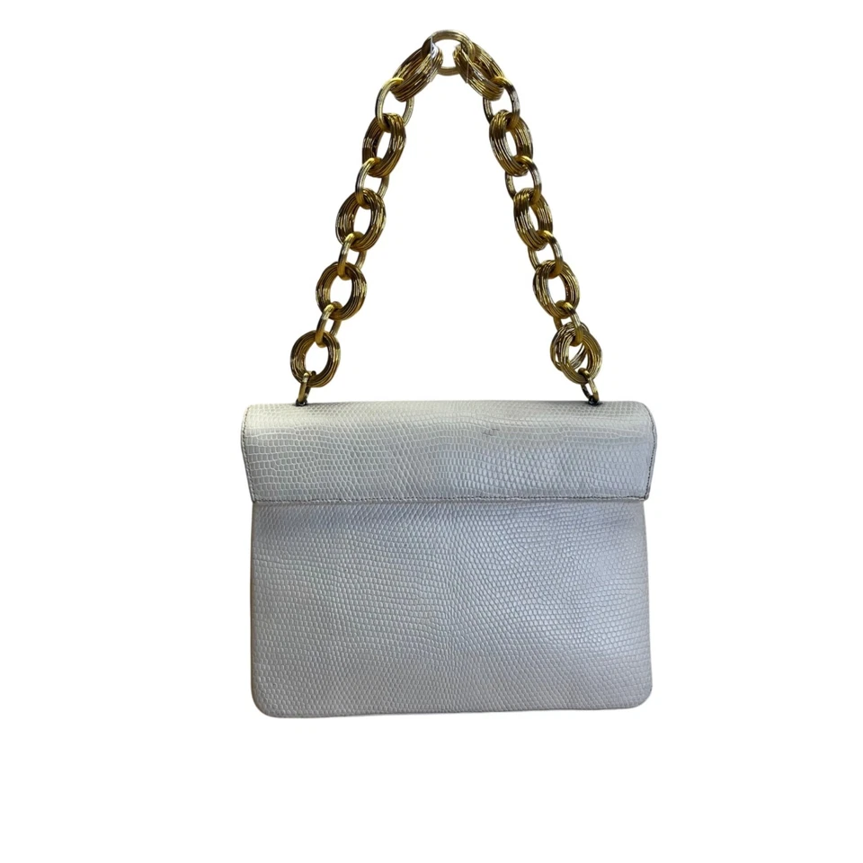 Vintage Finesse White Faux Lizard Leather Handbag Gold Chain Strap & Twist Clasp - Image 3 of 4