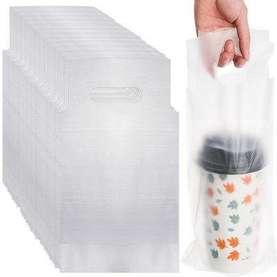 500 Pack Handle Drinking Poly Bags Clear Cup Carrier With Handle Plastic Drink P