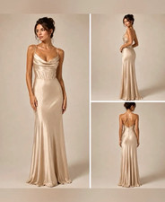 Windsor Taupe Satin Maxi Slip Dress Cowl Neck Spaghetti Strap Zip Size L