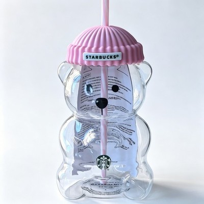 Starbucks Bearista Pink Bear Glass Tumbler Cold Cup with Straw 20oz 591ml