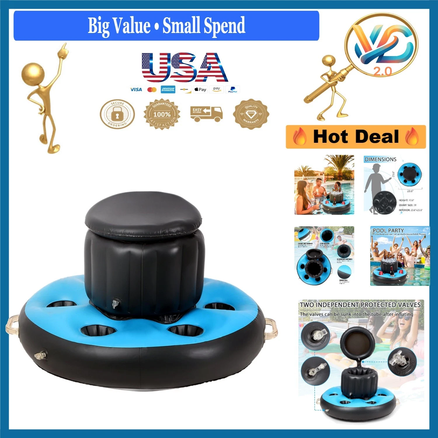Inflatable Pool Cooler with 6 Cup Holders Portable Drink Float Lake Beach Par...