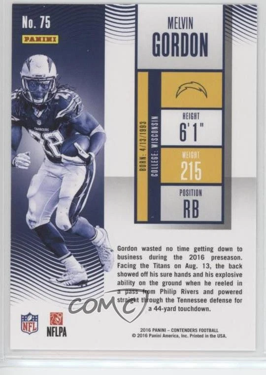 2016 Panini Contenders Season Ticket Melvin Gordon #75 - Image 2 of 2