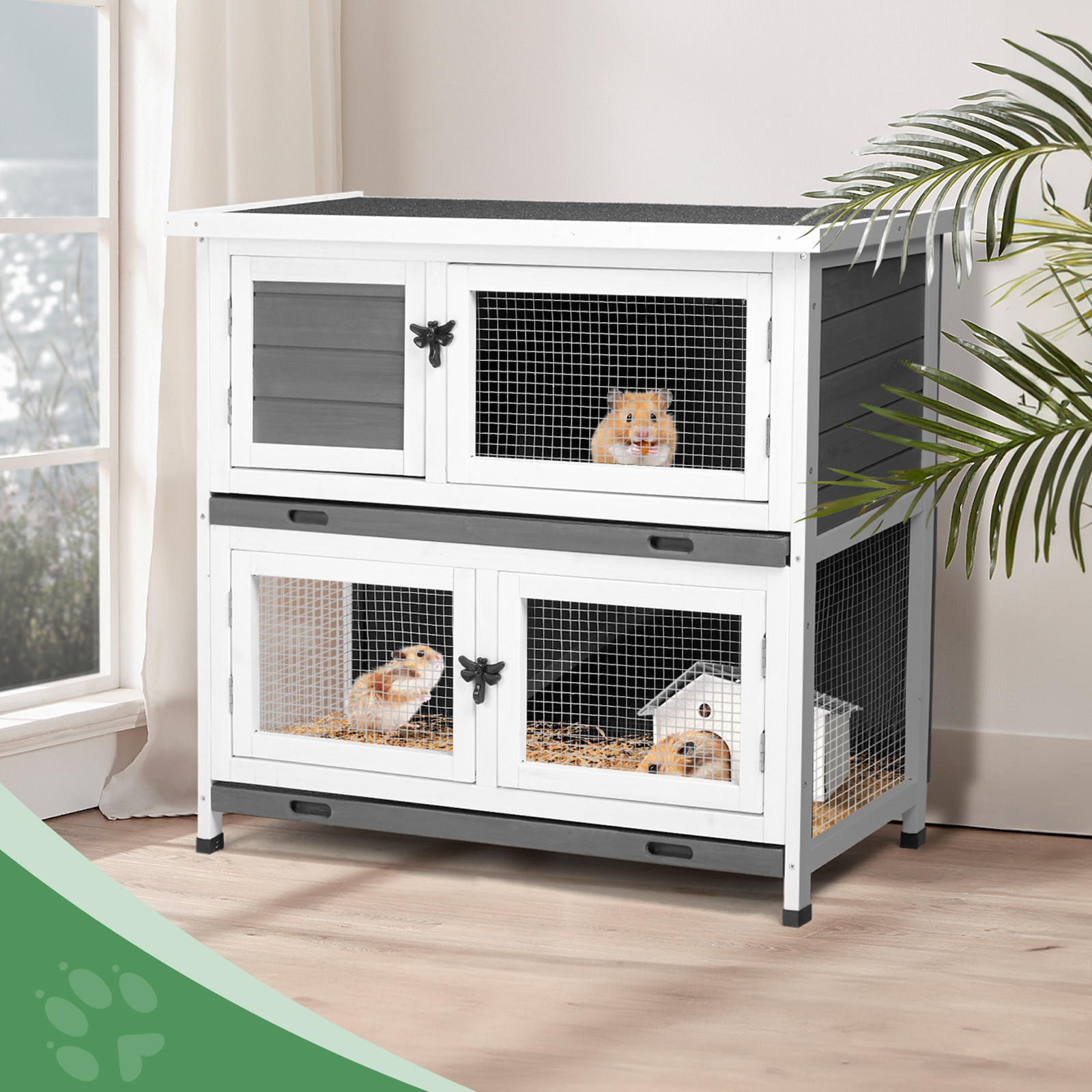 Solid Wood Rabbit Hutch Bunny Cage with 2 Large Main Rooms, Outdoor Grey