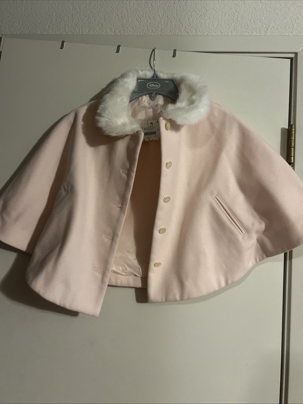 NWT Girls Size 5-6 Janie & Jack Pink Soft Cape Coat Faux Fur White Collar Pocket