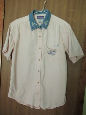 NORTH CREST Womens S 6-8 SS 100% Cotton Pink Shirt Blouse Denim Collar & Flowers