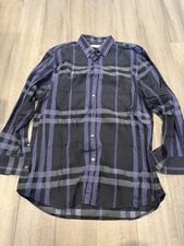 Burberry London Mens Shirt 16.5 32 33 Blue Nova Check Button Up Long Sleeve