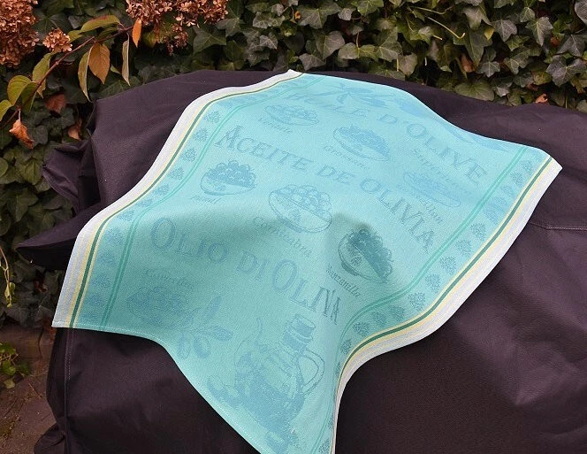 Geschirrtuch Baumwolle Jacquard 50x70 cm türkis mit Olivenmotiven aus Frankreich - Bild 3 von 4