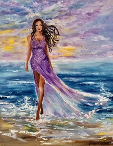 Art Original Oil Painting Girl Beach Ocean Sea Women Ebay