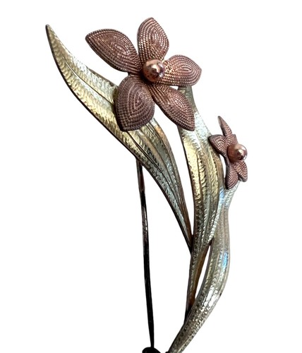 Vintage Mid Century Modern Brass Copper Flowers Bouquet Brooch Pin MCM Large - Picture 2 of 6