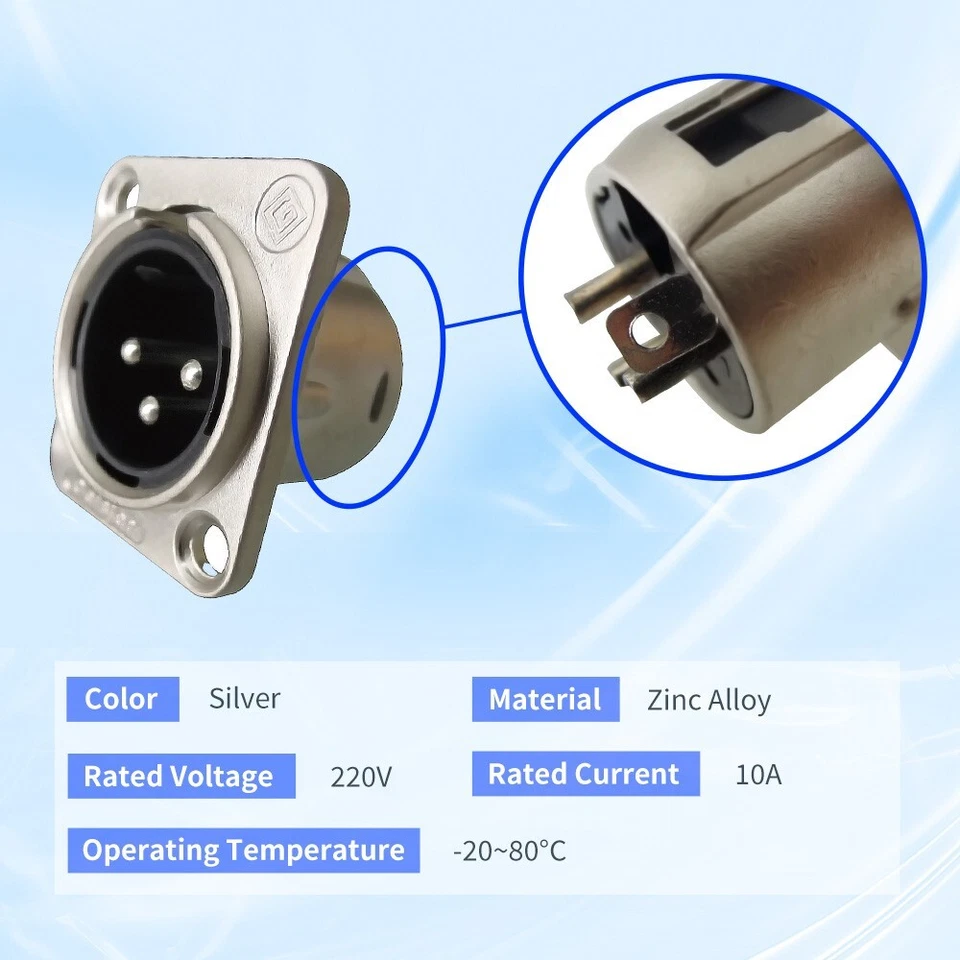 Conector de audio micrófono chasis montaje en panel niquelado macho XLR de 3 pines Foto 3 de 4