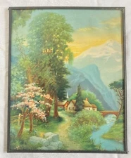 Vintage Lithograph Landscape 1930s Village River Mountains Framed 10" x 8"