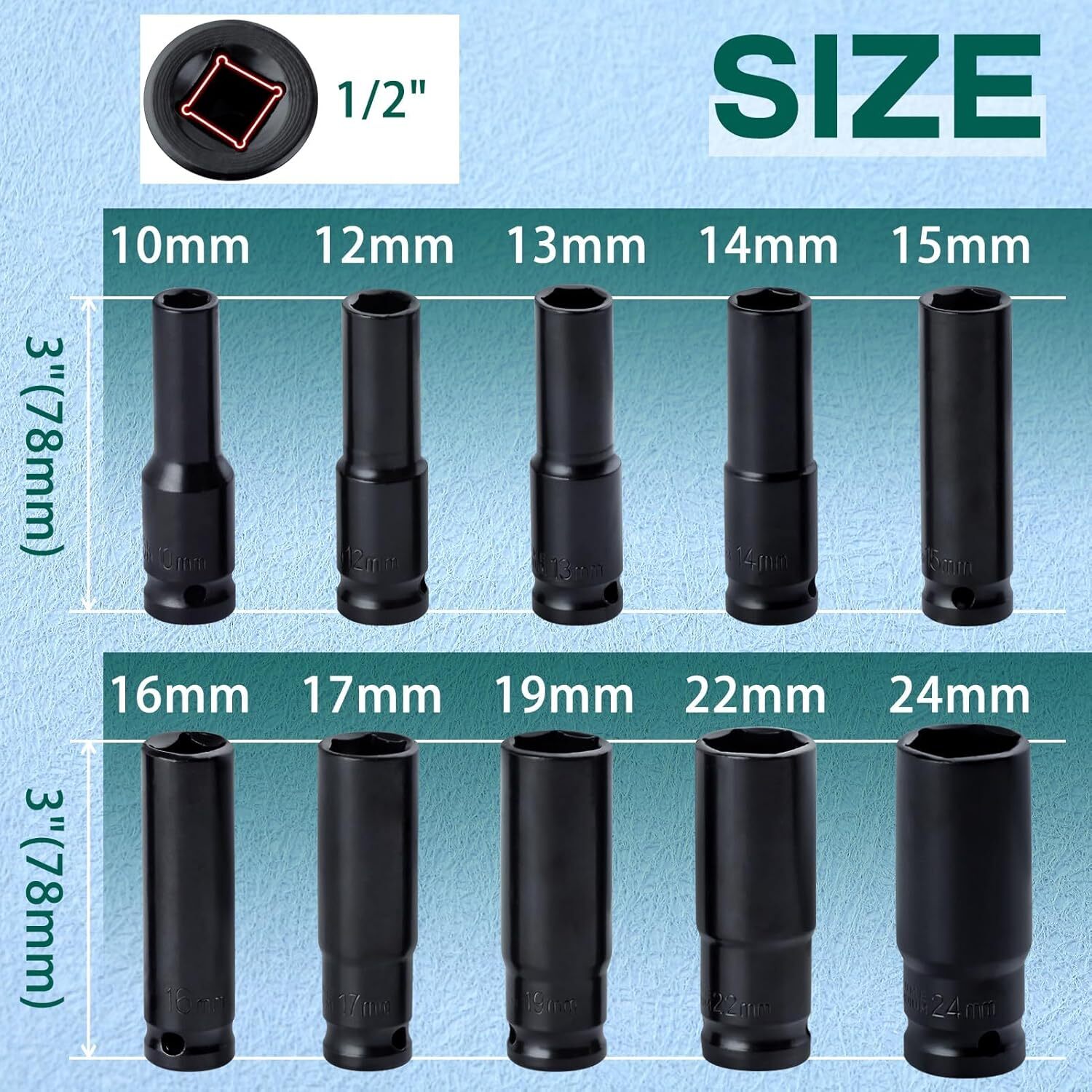1/2" Deep Impact Socket Set Drive Long Reach Thin Wall Metric Sockets 10mm-24mm