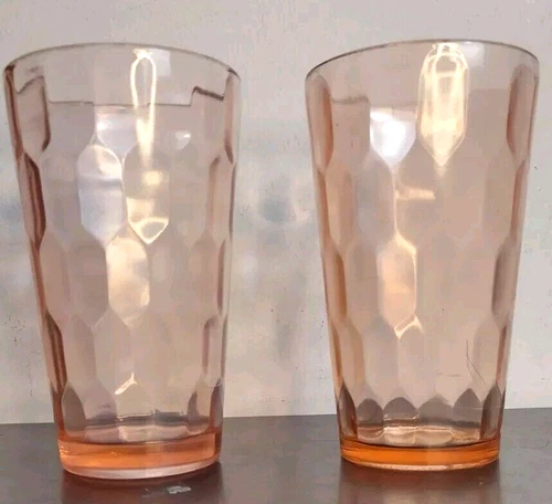 2 Vintage Deco Jeannette Glass Pink Hex Honeycomb Optic Ice Tea Tumblers c.1935