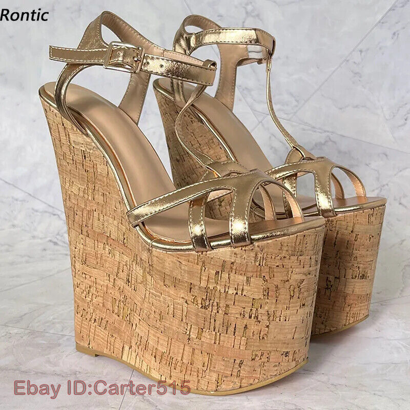 Women Platform Sandals Wedges High Heel Round Toe Gold Silver Shoes US Size  4-15