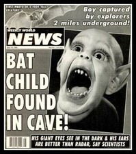 4.25" Funny tabloid vinyl sticker. Shocking! "Bat Child Found in Cave!" decal.