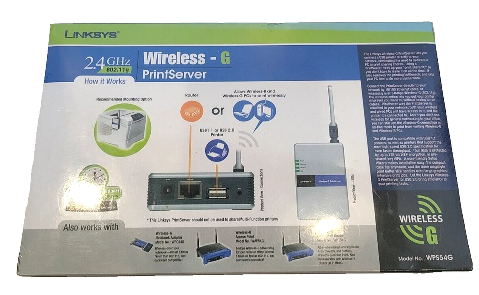 E-1 Linksys Wireless G Print Server Model WPS54G 2.4GHz 802.11g Brand New in Box - Image 4 of 4